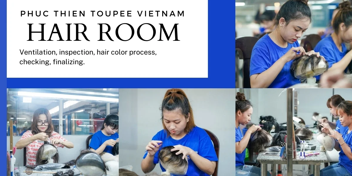 Hairpiece ventilation work in the factory hair room