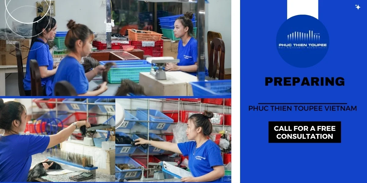 Workers preparing hairpiece materials in the factory
